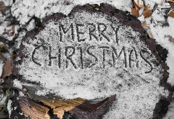 Buon Natale Testo Scritto Uno Sfondo Legno Coperto Neve — Foto Stock