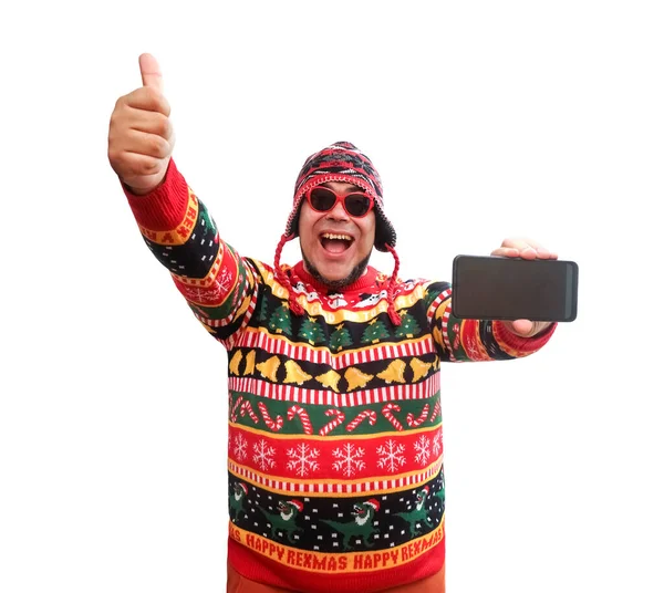 Portrait Happy Man Wearing Warm Sweater Holding Hands Mobile Phonel — Stock Photo, Image