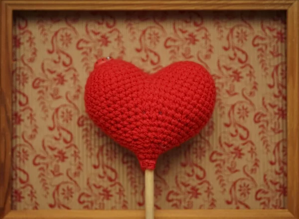 Knitted One Red Heart Happy Valentines Day 14Th February — Stock Photo, Image