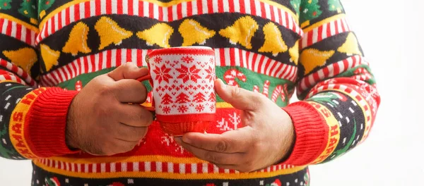 Man Drinking Hot Chocolate Christmas Tree Pattern Decorated Drink Mug — Stock Photo, Image