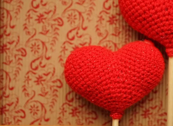 Two Knitted Red Hearts Wooden Frame Happy Valentines Day Idea — Stock Photo, Image