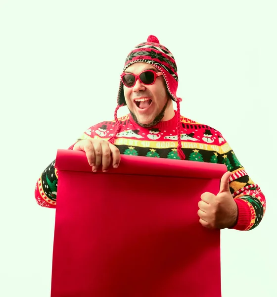 Happy Excited Bearded Man Wearing Knitted Sweater Holding Merry Christmas — Stock Photo, Image