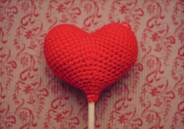 Knitted One Red Heart Happy Valentines Day 14Th February — Stock Photo, Image