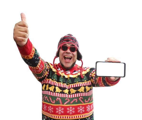 Portrait Happy Man Wearing Warm Sweater Holding Hands Mobile Phonel — Stock Photo, Image