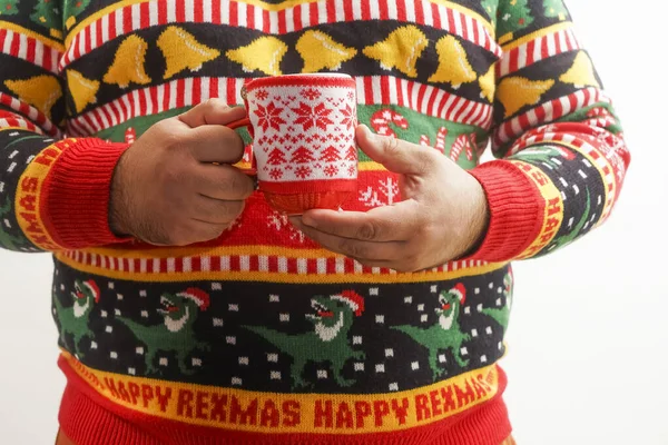 Man Drinking Hot Chocolate Christmas Tree Pattern Decorated Drink Mug — Stock Photo, Image