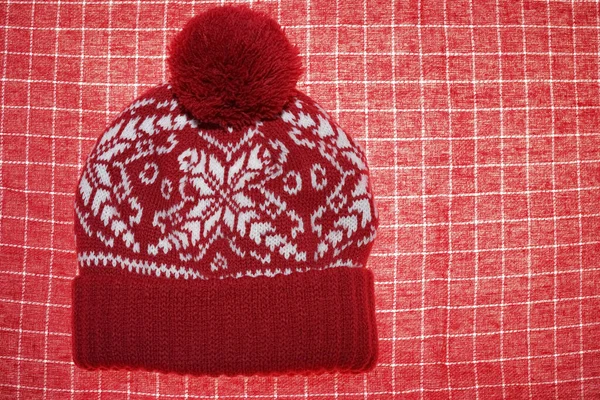 Red Winter Knitted Hat Knitted Cap Isolated Red Textile Background — Stock Photo, Image