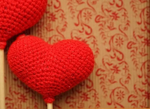 Two Knitted Red Hearts Wooden Frame Happy Valentines Day Idea — Stock Photo, Image
