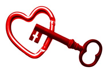 Paslı Anahtar, kalp şeklinde bahar kancasının üzerinde yatıyor. Aşkın sırrı. Kağıt arkaplanda izole.