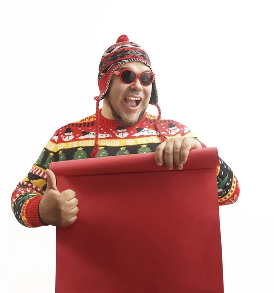 Happy Excited Bearded Man Wearing Knitted Sweater Holding Merry Christmas — Stock Photo, Image