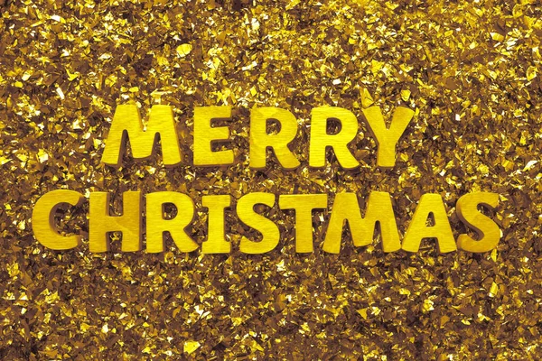 Καλά Χριστούγεννα Ξύλινα Γράμματα Βρίσκονται Κίτρινο Φόντο Κομφετί Χρυσά Κομφετί — Φωτογραφία Αρχείου