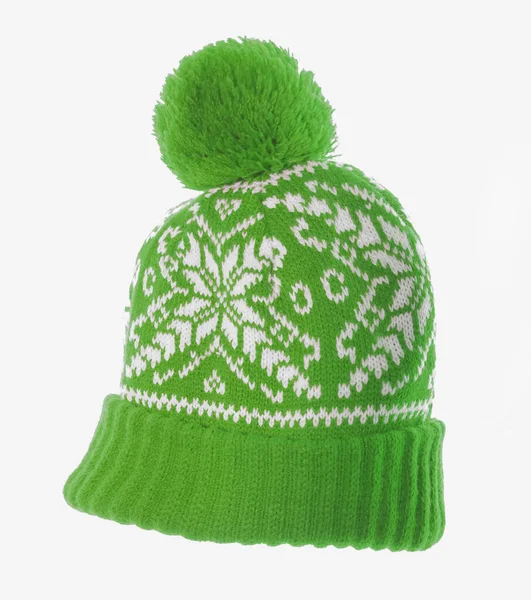 Inverno Verde Chapéu Malha Gorro Malha Com Padrão Branco Isolado — Fotografia de Stock