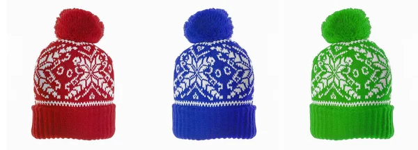 Tres Rojo Azul Verde Sombrero Punto Invierno Gorro Punto Con — Foto de Stock