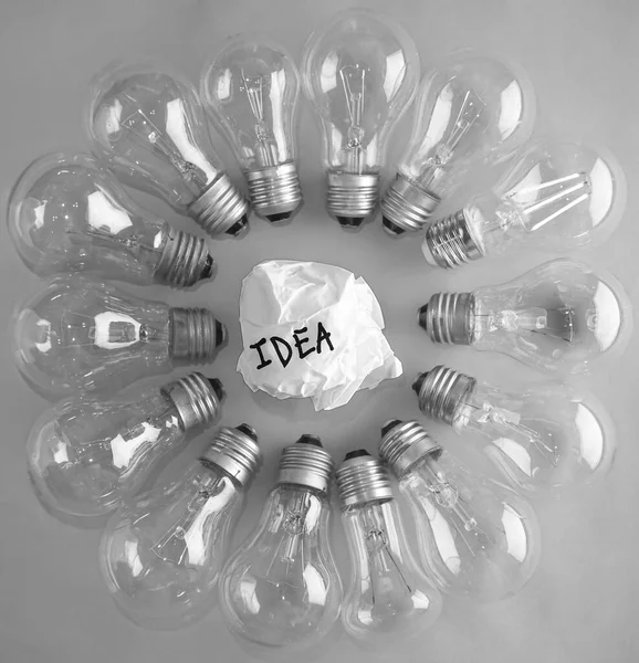 Great Idea Concept Crumpled Red Paper Many Light Bulb — Stock Photo, Image