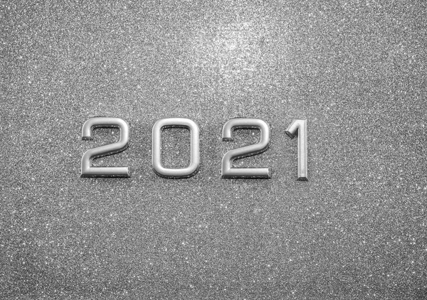 2021 Gelukkig Nieuwjaar Zilver Metalen Nummer Grijze Achtergrond Lege Kopieerruimte — Stockfoto