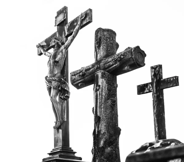 Kříže Socha Inri Proti Modrému Zamračenému Nebi Pravoslavná Církev Moskva — Stock fotografie