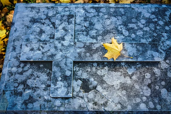 Christian Cross Shaped Tombstone Ground Fallen Autumn Leaf Marble Headstone — Stock Photo, Image