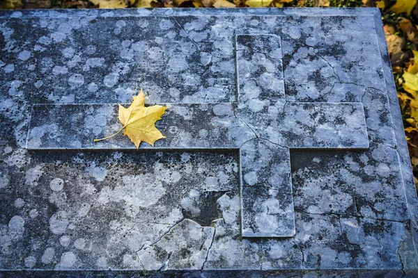 Christian Cross Shaped Tombstone Ground Fallen Autumn Leaf Marble Headstone — Stock Photo, Image