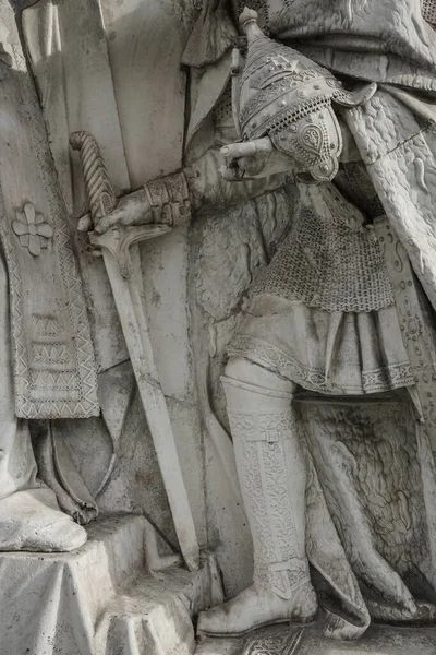 detail of Statue of warrior a Medieval Knight. Rock Statue of a Medieval Armor Soldier