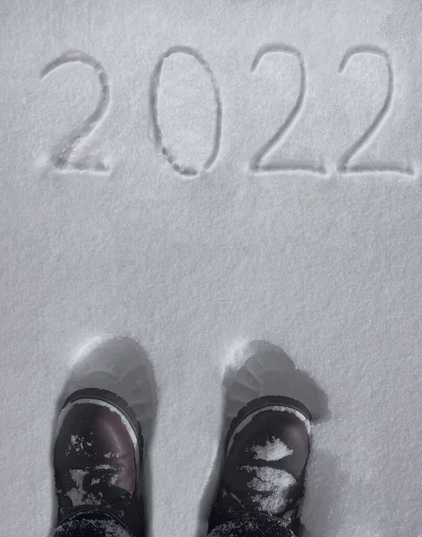 Chaussures Cuir Marron Debout Sur Neige Avec Inscription 2022 Bonne — Photo