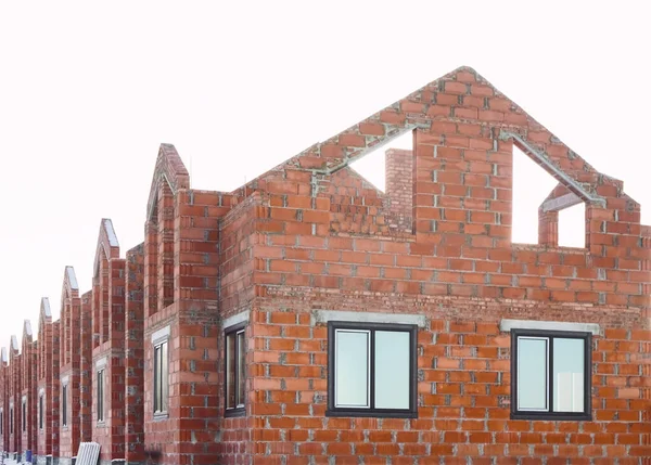 Unfertiges Rotes Backsteinhaus Dorf Der Wintersaison Außenfassade Eines Bau Befindlichen — Stockfoto