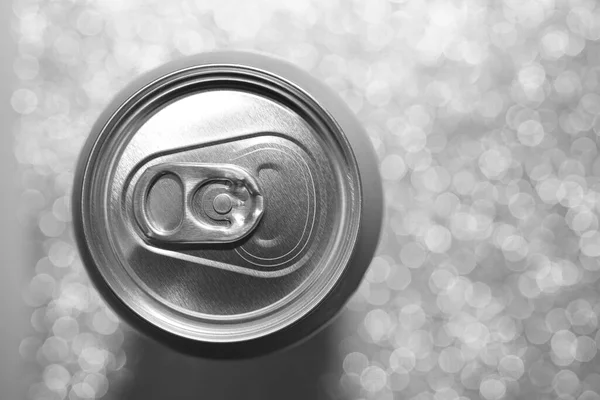 Top View Aluminum Soda Beer Can Isolated Bokeh Background Empty — Stock Photo, Image