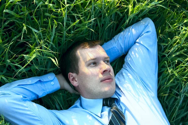 Relaxed Businessman Meadow Welldressed Young Business Man Resting Green Grass — 图库照片