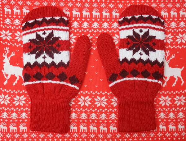 Two Red Knitted Mittens Black Snowflakes Red Pattern Background — Stock Photo, Image