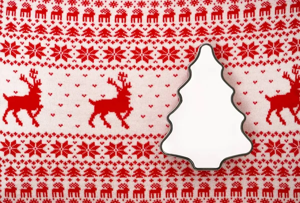 Hvid Gaveæske Form Juletræ Rød Strikket Baggrund - Stock-foto