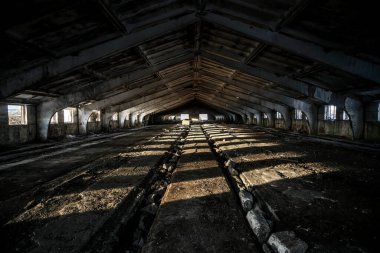 Terk edilmiş eski ahır tuğlası bina çatısı sızdırıyor ve güneş ışığında iç duvarlar yıkılıyor.