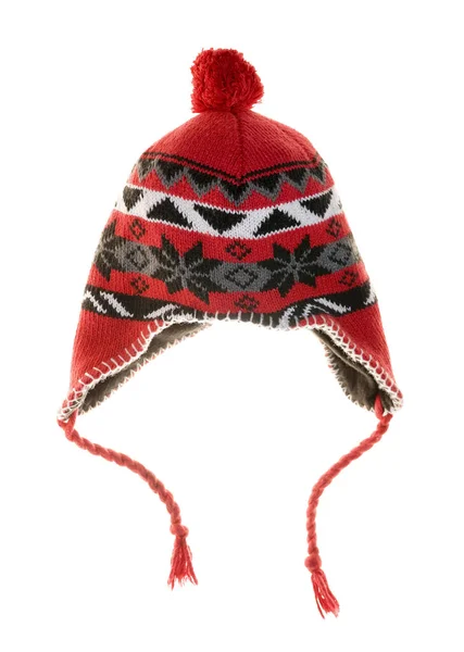 Cappello Rosso Maglia Con Corde Isolato Sfondo Bianco Stagione Invernale — Foto Stock