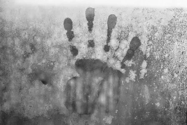 Imprint Palm Human Hand Frozen Window Glass — Stock Photo, Image