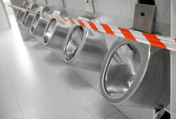 Public Toilet Urinals Out Order White Red Tape — Stock Photo, Image