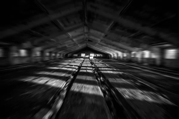 Blurred Image Abandoned Ruined Former Cowshed Brick Building Leaking Roof — Stock Photo, Image