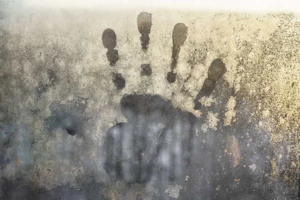 The imprint of the palm of human hand on frozen window glass.