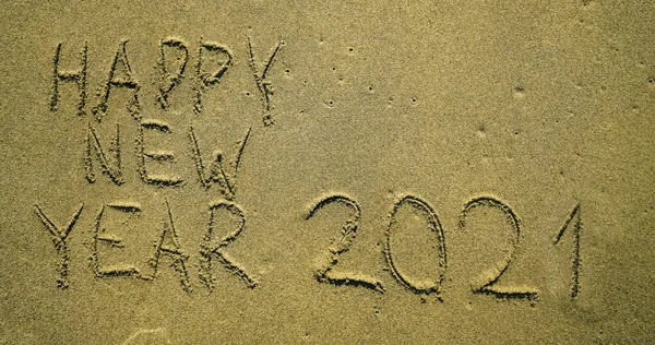 Šťastný Nový Rok 2021 Pláži Šťastný Nový Rok Koncept Rukopis — Stock fotografie