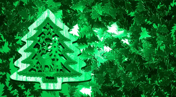 Segno Albero Natale Legno Sfondo Coriandoli Spazio Copia Vuoto Iscrizione — Foto Stock