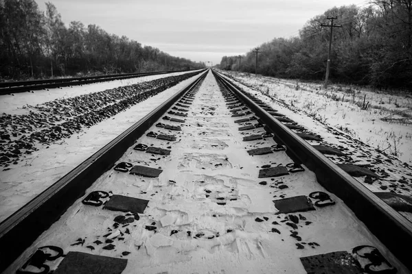 Ferrocarril Nieve Paisaje Invernal Con Vías Férreas Vacías — Foto de Stock