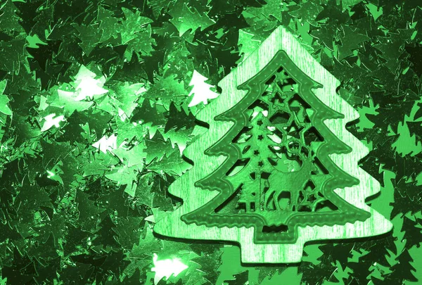 Sinal Árvore Natal Madeira Fundo Confete Espaço Cópia Vazio Para — Fotografia de Stock
