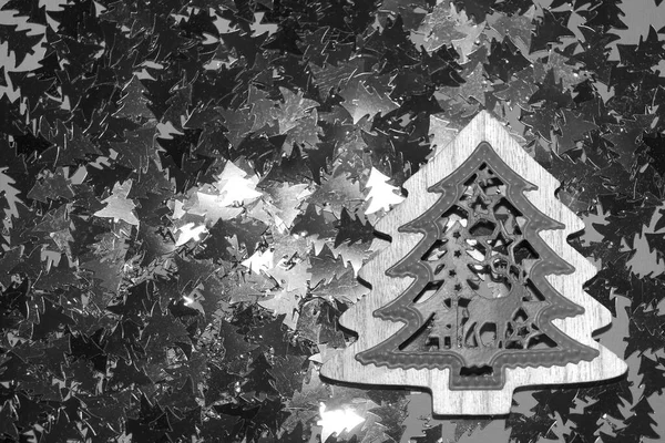 Sinal Árvore Natal Madeira Fundo Confete Espaço Cópia Vazio Para — Fotografia de Stock
