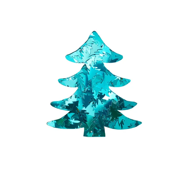 Viele Blaue Konfetti Form Eines Weihnachtsbaums Auf Weißem Hintergrund — Stockfoto