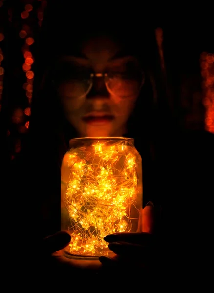 Woman Holding Hands Holiday Led Light Garland Glass — Stock Photo, Image