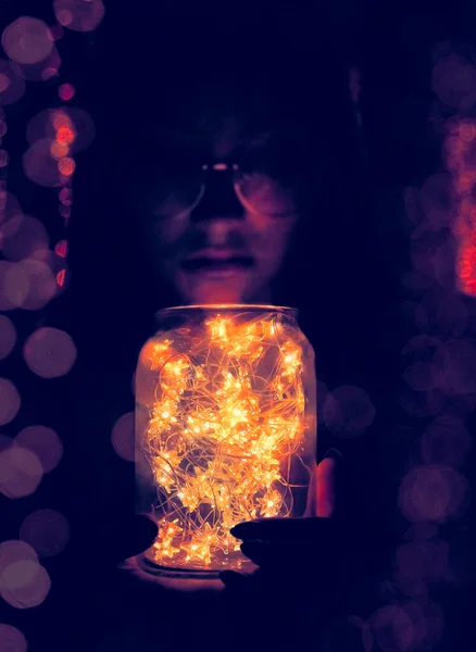 Woman Holding Hands Holiday Led Light Garland Glass — Stock Photo, Image