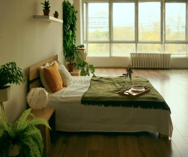 Büyük boy yatak, beyaz ve yeşil yatak, büyük pencere ve parlak bir otel odasının içinde duvarda bir resim. yeşil bitkiler yatağın etrafında.