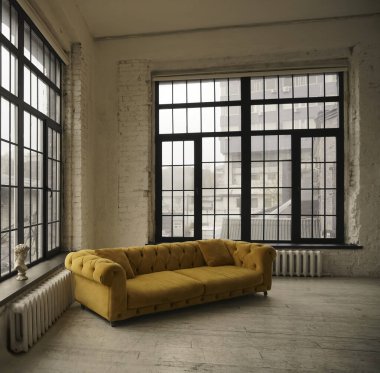 Interior of modern house with yellow sofa and two huge windows clipart