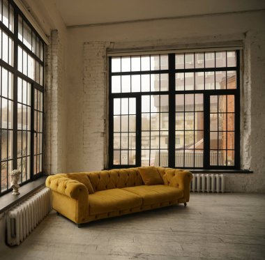  Interior of modern house with yellow sofa and two huge windows clipart