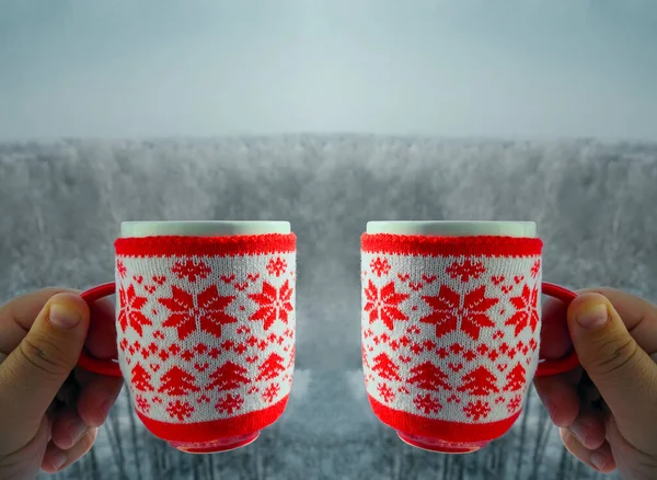 Male Hands Holding Tea Coffee Mugs — Stock Photo, Image