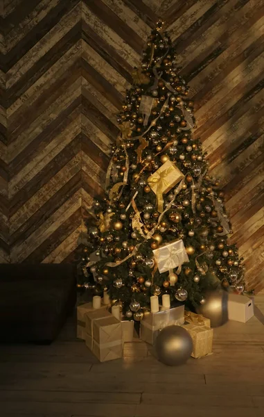 Nel Soggiorno Della Casa Albero Natale Sotto Quale Sono Regali — Foto Stock