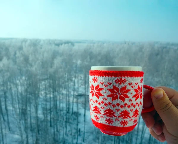 Мужчина Держит Чашку Чая Кофе Фоне Зимнего Пейзажа Покрытым Снегом — стоковое фото