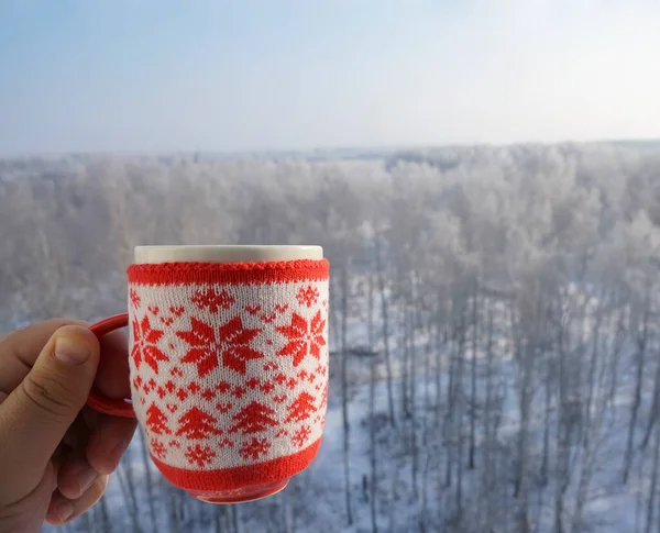 Мужчина Держит Чашку Чая Кофе Фоне Зимнего Пейзажа Покрытым Снегом — стоковое фото