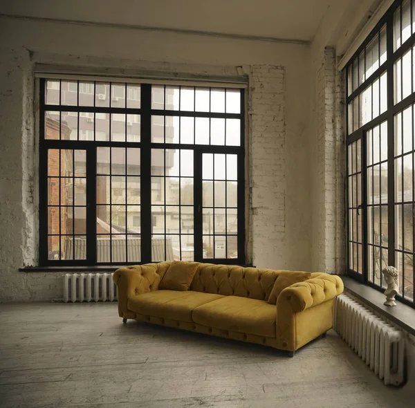 Interior Modern House Yellow Sofa Two Huge Windows — Stock Photo, Image